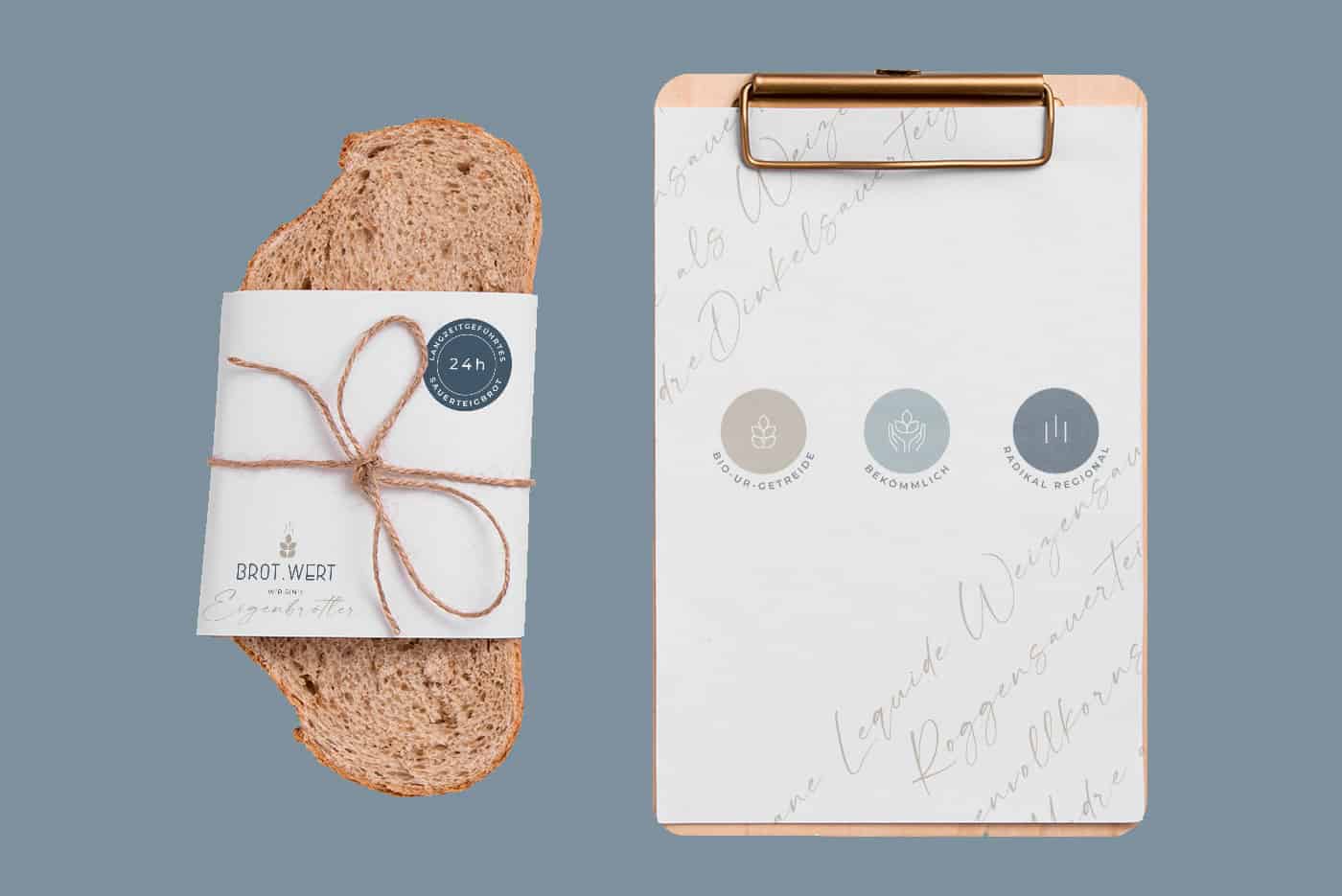 Brotscheibe mit Verpackung im Branddesign von Brotwert