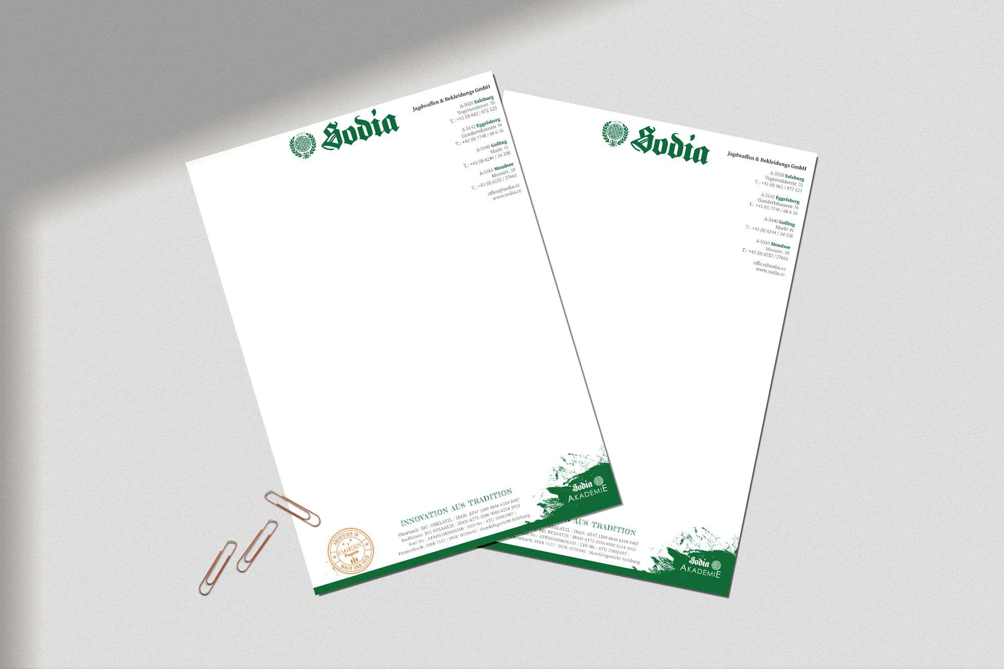 Neu gestaltetes Briefpapier mit grünem Sodia Logo und neuen Grunge Element im Eck