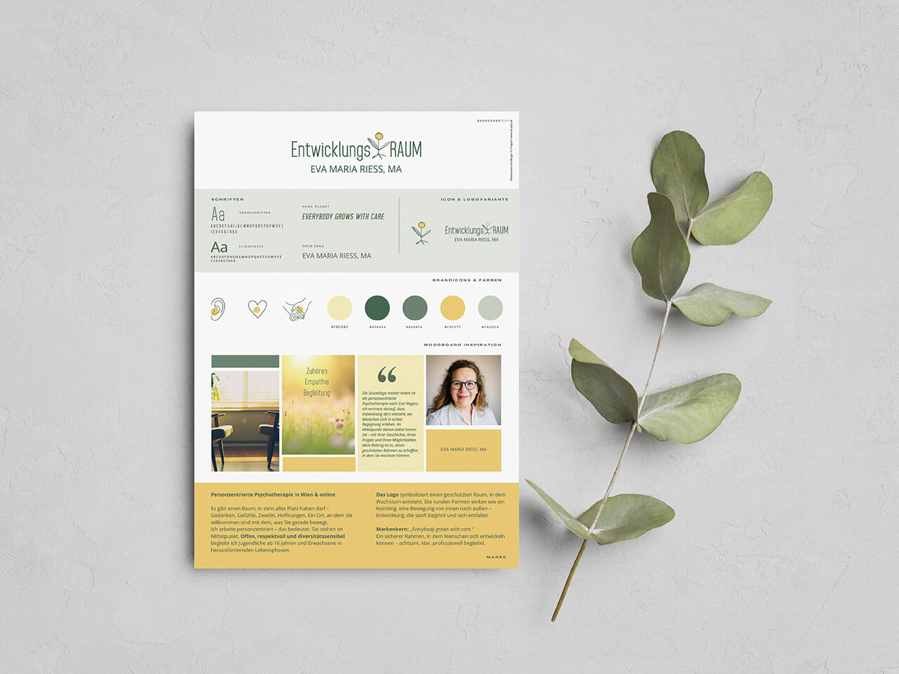 Brandsheet Stylguide für Entwicklungsraum Eva Maria Riess mit Farbwelt